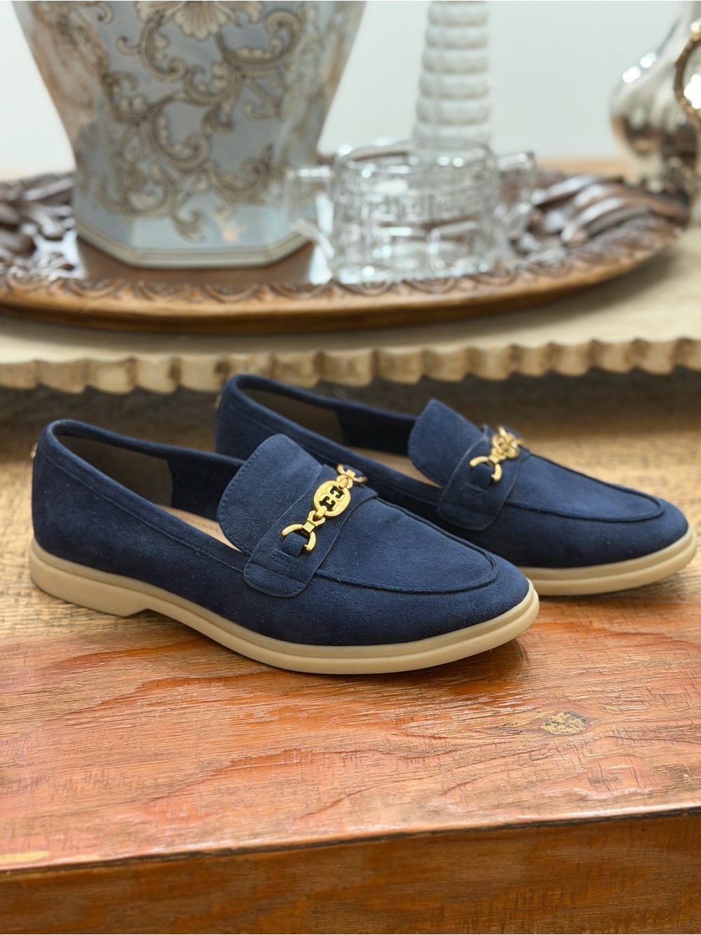Sam Edelman Navy Suede Loafers with Gold Hardware